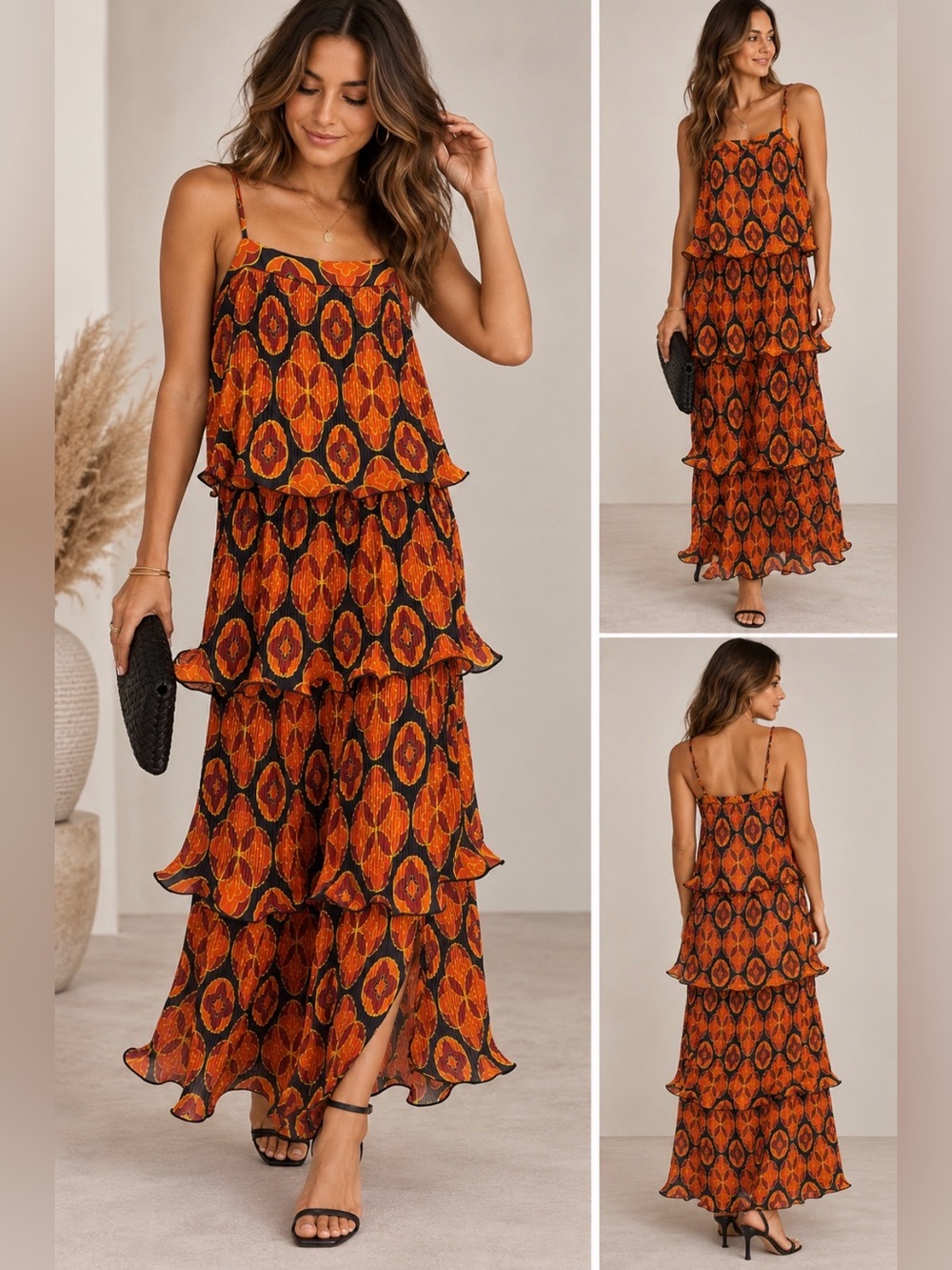 Never Fully Dressed Orange Black Printed Tiered Maxi Dress US 8